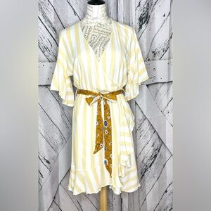 Hem & Thread Stripe Faux Wrap Dress Ruffle Trim M